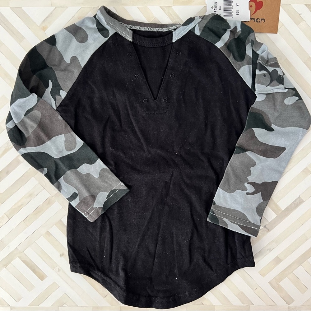 APPAMAN Black Camo Baseball Shirt, 3T - NEW